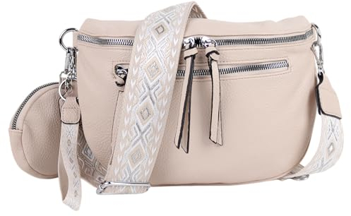 MIRROSI® Bauchtasche Damen, Veganleder 30x20x9cm, Umhängetasche, Brusttasche, Crossbody bag, Kunstleder leder, verstellbare Schulterriemen Bohemian Style (Hell Beige)