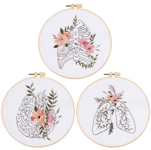 Yangshine Stickset für Anfänger, Herz, Lunge, Knochen, Anatomie, Blumen-Kunstdruck, Kreuzstich-Set, inkl. Reifen, Stoff, Fäden, Nadeln, Anleitung und Werkzeugset, 3 Sets