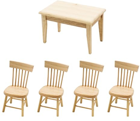 Tiardey 5-teiliges Puppenhaus-Möbel-Set aus Holz, Esstisch, Stuhl, Puppenhaus-Zubehör