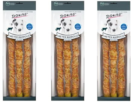 Dokas Dog 1 Meter Kaurolle mit Huhn | 3er Set | 3 x 315 g | Ergänzungsfuttermittel für Hunde | Langzeit-Knabber- und Kauvergnügen aus Rinderhaut mit Hühnerbrustfilet ummantelt