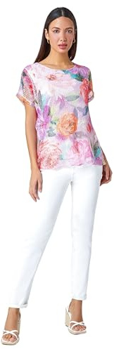 Roman Originals Mesh Overlay Floral Print T-Shirt for Women UK - Ladies Everyday Holiday Spring Summer Round Neckline Comfy Soft Evening Vacation Work Party - Pink Multi - Size 12