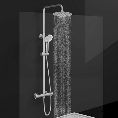 Acezanble Thermostatic Shower Mixer Set Chrome, Round 38 °C Thermostat Shower System with 20cm Rainfall Shower Head, Handheld Shower, Anti Scald Shower Mixer Bar Kit, Adjustable Height