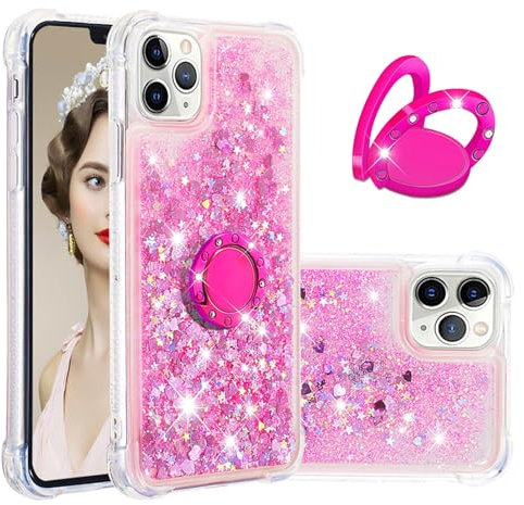 IMEIKONST Glitter Case Compatible with iPhone 11 Pro Max, Sparkle Quicksand Clear Slim Fits TPU Bumper Silicone Shell Metal Ring Stand Fuction Shockproof Cover for iPhone 11 Pro Max. Love Pink YBZ