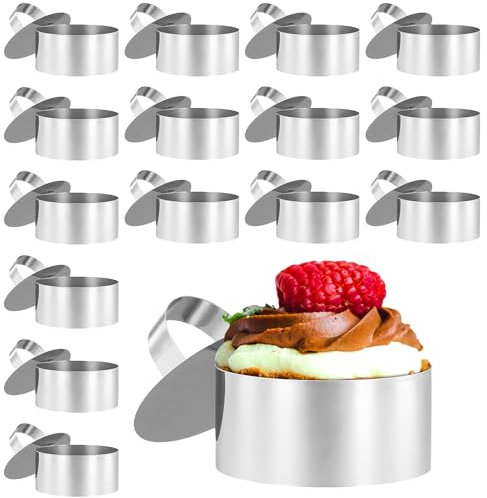 HEIYUET 16 Anelli da Dessert in Acciaio Inox, da 8 cm, Rotondi, Anello per Torta, Piccoli Anelli da Dessert con Sollevatore, per Dolci, Dolci, Mousse e Torte