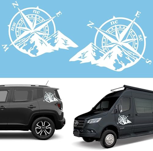 Longivia® 2 Stück Kompass Aufkleber verschiedene Größen (27x21cm oder 40x32cm) für Camper Wohnmobil Auto - Windrose Autoaufkleber mit Berge – Offroad 4x4 Sticker (Weiß)
