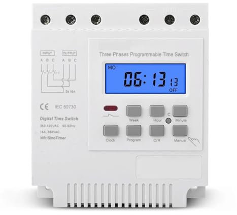UOUOBEAR Interrupteur horaire triphasé 380 V 415 V 16 A Relais programmable hebdomadaire 7 Jours Marche/Arrêt Manuel