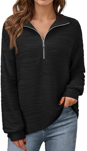 Vafoly Sweatshirt Damen 1/4 Reissverschluss: Herbst Langarm Sweatshirts Winter Pullover für Frauen 2024 Mode Trendy Einfarbig Casual Blusen Leichte Casual Kleidung Textured Tunika Schwarz XXL