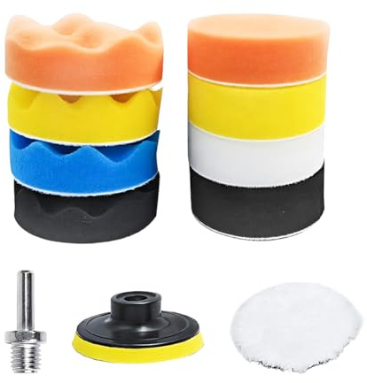 Adunsiaoto 11 Pièces Éponge Polissage pour Voiture, Tampons De Pad Polissage, Kit D'éponge De Polissages, Pad Polissagse Perceuse M10, 80mm Pad Polissage, Adaptateur Perceuse Et Tampons Cire Laine