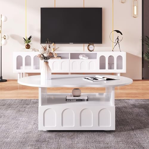 BTM Table Basse Blanc, Forme de Nuage, Motif en Relief, Table Basse Bois avec Compartement Ouvert et Tiroir, Charge 30kg, 100 x60x40cm