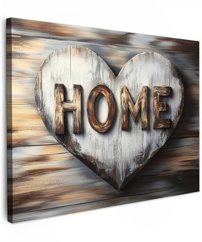 MuchoWow© Leinwandbild Dekoration Wohnzimmer Bilder Pictures Wall | 80x60 cm - Decoration Living Room Wohnungs Deko Moderne Bild Zuhause - Herz - Holzoptik - Liebe