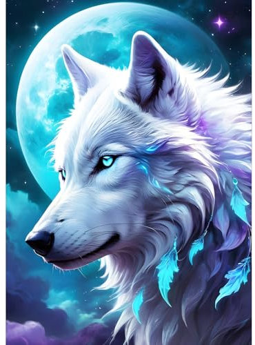 QQYRHN 5D DIY Loup Blanc Kits de Peinture Diamant, Complète Lune Loup Diamond Painting pour Adulte Débutants, Pays des Rêves Art du Diamant, Décoration Murale Maison Peinture au Diamant Avec 30x40cm
