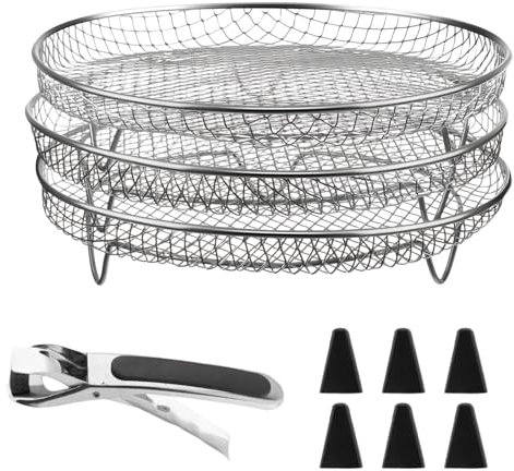 PHMING 3 Pezzi Griglia per Friggitrice ad Aria, Acciaio Inox Ripiani Friggitrice ad Aria, Impilabile Rack per Friggitrice ad Aria con Piedini Silicone e Clip Antiscottatura, per Friggitrice, Forno