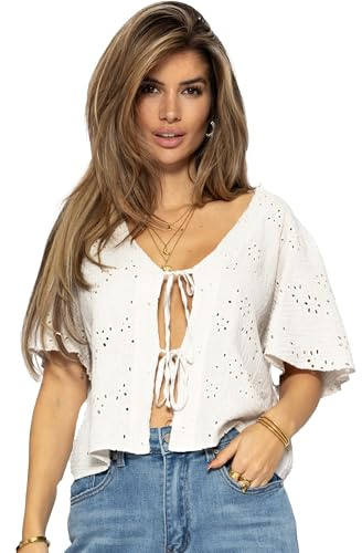 SASSYCLASSY - Lochstickerei Musselin Bluse mit Schleife Elegant - Kurzarmbluse zum binden - Sommer Oberteil Damen mit Schnürung - Summer vorne Schleife-Shirt - Hellbeige - Hellblau S M L