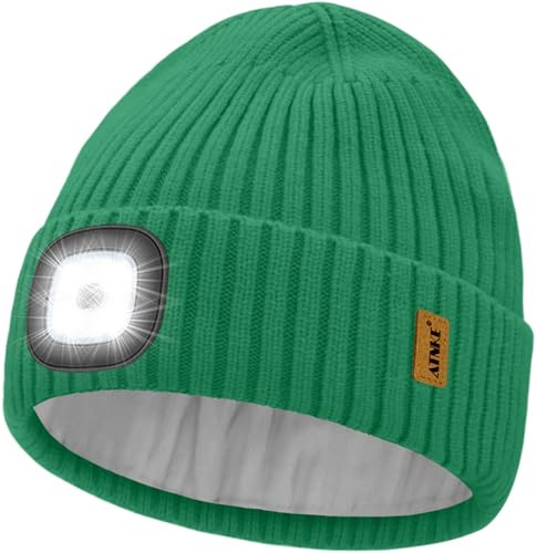 ATNKE LED Beleuchtete Mütze mit Licht,USB Wiederaufladbare 4 LED Laufmütze Freihändig Stirnlampe Winter Warm Fleece Gefüttert Strick Mütze Geschenke für Herren und Damen/Green