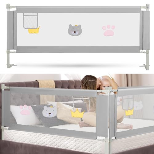 Jaxguom Bettgitter 200CMx2+180CMx1, Bettgitter Rausfallschutz Bett Höhenverstellbar 70-98cm, Bettschutzgitter Kinderbettgitter für Kinder & Elternbetten, Grau