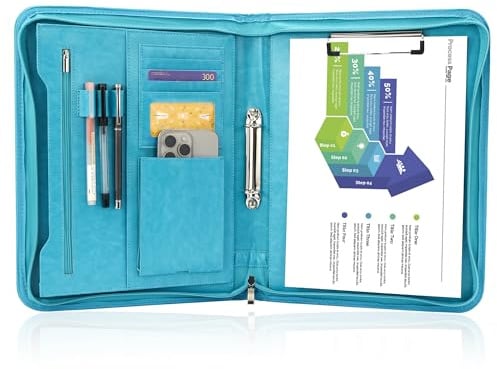 Schreibmappe 2 Ringbuch A4 Konferenzmappe Reißverschluss Leder Wasserdicht Organizer Mappe Dokumentenmappe Türkis