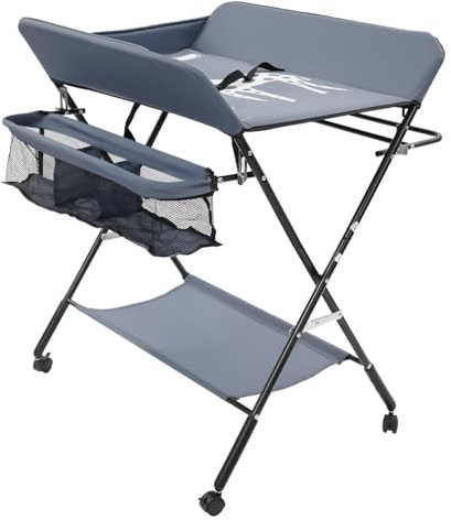 CHERIPOLI klappbare Wickelkommode Wickeltisch, Baby Wickelkombi, mit Wickelauflage Sicherheitsgurt und Ablagefächern, platzsparend stabil (mit Rädern)