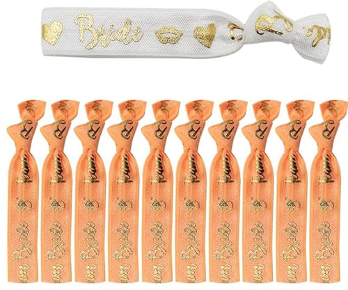 Blausky 11 Stück 1.5x9.5cm Hochzeit Armbänder für Frauen,1 x Bride + 10 x Team Bride Armbänder Haargummi Accessoires Deko Armband JGA Armbänder Set für Junggesellinnenabschied,Orange