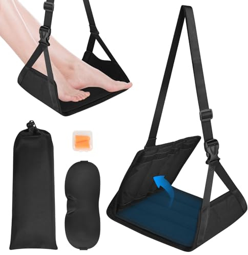 RUCUDIM Reposapiés de avión, hamaca ajustable para pies de viaje, reposapiés colgante, hamaca con antifaz y tapones para los oídos, para avión/coche, relajación y comodidad para vuelos largos (negro)