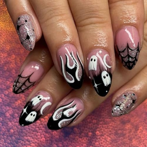 Ceboic 24 Stück Halloween Nägel Zum Aufkleben Mandel Mittel Press on Nails Rosa Glänzende Künstliche Nägel Spinnennetz Geist Flamme Fingernägel Zum Aufkleben Ballerina Fake Nails für Frauen & Mädchen