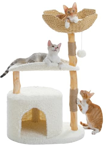 Modern Cat Tree, [38''=97CM] Natural Wood Tower with Deep Wicker Basket, Curved Platform, and Spacious Condo for Small to Medium Indoor Cats, White