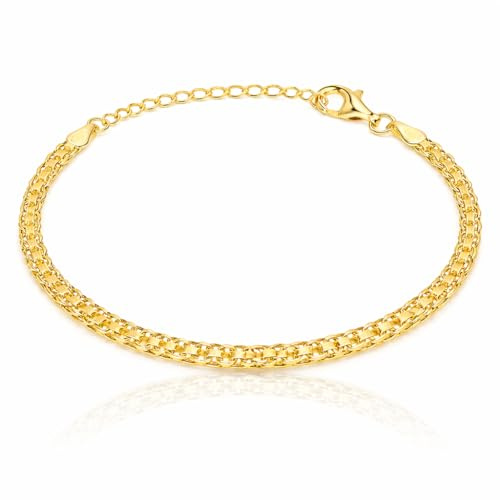 ZELYA Damen Armband vergoldet Silber 925/585 – Bismarckkette breite von 3 bis 9 mm, erschiedene Längen, Gravur möglich, Schmuck Geschenk, Gold Armband Bismarck Stil- Bismarckmuster
