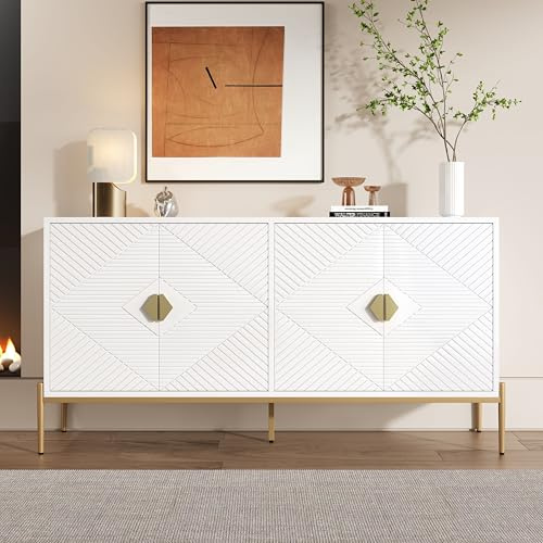 Merax Sideboard Cabinet with Storage, White 4 Door Storage Unit with Gold Handles, Geometric Design Sideboard for Living Room, Dining Room or Hallway, 162x40x80cm
