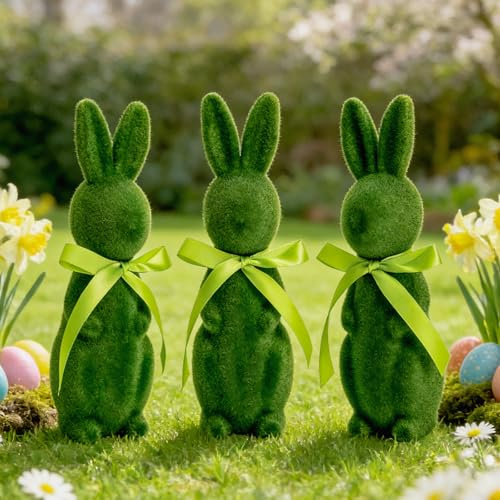 RumonZS 3 Stück Oster Deko Grüne Beflockte Hasen Osterhasen Figuren Mit Schleifen Grüner Moos Hase Skulptur für Frühlingsdeko Party Geschenk Backtisch Wohnkultur 25 cm Stehender Hase