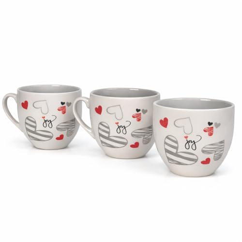Terryshop74 Juego de 3 tazas de cerámica con corazones – Tazas de café diseño Joy – Estilo romántico, idea regalo, bar, casa, oficina