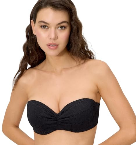 YSABEL MORA. Top Bikini Push-Up Testurizzato Nero Coppa C. Bandeau con Imbottitura E Ferretto. Spalline Removibili E Annodabili al Collo Collezione Strawberry.