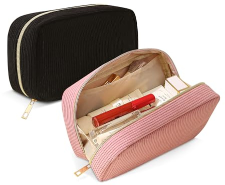 NANDADEVI Trousses de Maquillage en Velours côtelé avec Fermeture éclair en métal, organisateurs de Voyage pour cosmétiques, Trousses de Toilette (Noir+Rose, 2pcs)