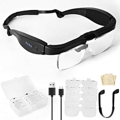 Gafas Lupa con luz led para Manualidades, Lupa de Diadema con luz LED, con 5 Lentes y 3 Leds de Brillo Ajustable, Ideal para Diamond Painting, Pintura de Diamante, Kits Adultos y Accesorios