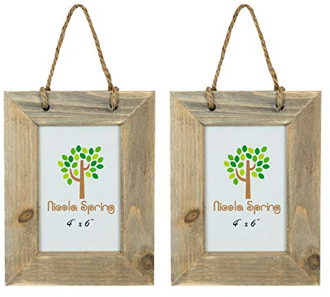Nicola Spring Hanging Photo Frames - Fits Photo Size 4 x 6 (10 x 15cm) - Pack of 2 - Rustic Natural Wooden Picture Frame Wall Mounted Portrait Orientation Rope Hanging Certificate Poster Frame