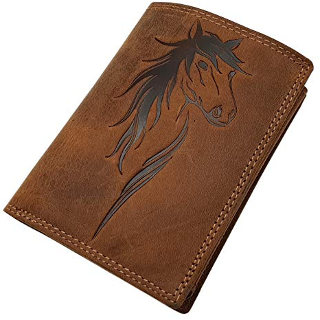 Echt Büffel-Vollleder Damen Geldbörse / Geldbeutel / Portemonnaie / Portmonaise / Geldtasche / Portmonee in Hochformat mit Pferd-Motiv mit RFID & NFC Schutz in Cognac