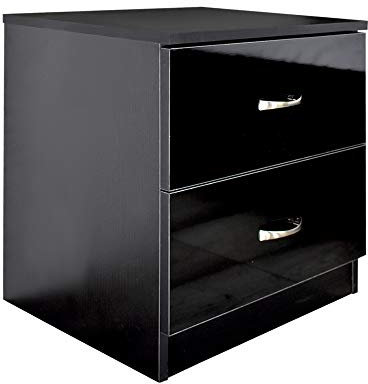 FWStyle Chilton 2 Drawers Bedside Cabinet Table with Polished Metal Handle, Black Gloss