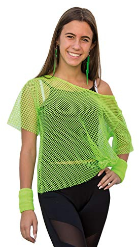 Oblique Unique® Netzshirt Netztop Netz Hemd Netzoberteil Fischnetz für Damen Frauen Oberteil 80s 80er Jahre Kostüm Motto Party Größe 38-42 Neon Grün Pink - Farbe wählbar (Neongrün)