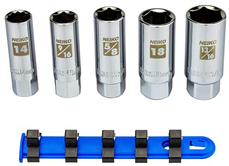 NEIKO 02500A 3/8 Drive Spark Plug Socket Set, 5 Piece, SAE and Metric, Rubber Retaining Inserts, Cr-V Steel, 14mm, 18mm, 9/16, 13/16, 5/8 Spark Plug Socket, Deep Well Socket Set, Spark Plug Tool