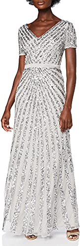 Maya Deluxe Women's Maxi Womens Ladies Embellished Sequin Long Short Sleeve V Neck High Empire Waist Cut Shiny P Bridesmaid Dress, Soft Grey, 16 UK
