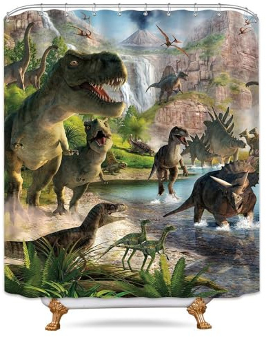 JOOCAR Design Shower Curtain Kids Dinosaur Animal Jungle Forest Mountain Decor Waterproof Cloth Fabric Bathroom Decor Set with Hooks,72x72 Inch