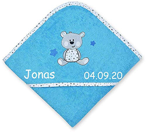 Kapuzenhandtuch mit Namen bestickt 80x80 cm Handtuch Baby Geschenk zur Geburt Badehandtuch, Wörner Stick:Hund türkis