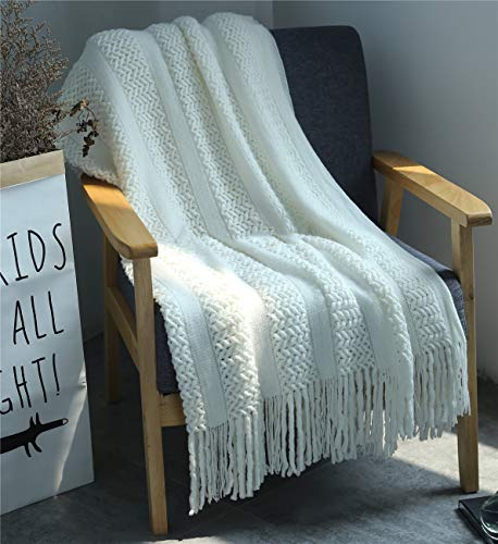 Hayisugal Wohndecke Sofaüberwürfe Strick Decke Decke mit Fransen Wolldecke Quaste Kuscheldecke Sofadecke Strickdecke für Fernsehen oder Nap auf dem Stuhl, Weiß, 130x170CM