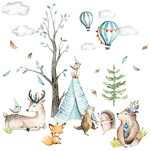 Little Deco Wandtatto Wandsticker Kinderzimmer Waldtiere Bär Igel Wandaufkleber Babyzimmer Reh Ballon Wolken Junge Mädchen Spielzimmer Wanddeko DL206-26