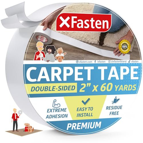XFasten Double Sided Carpet Tape for Area Rugs 2 Inch x 60 Yards, Residue-Free Carpet Tiles Tape, Removable Heavy-Duty Rug Pad Gripper for Hardwood, Vinyl Flooring Underlayments, Laminate- Wood-Safe