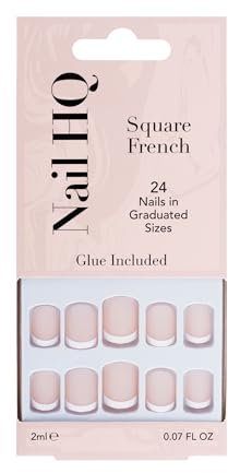 Nail HQ Press On Nails – Square French Nails, 24 Durable Matte Finish False Nails for Salon-Quality Manicure at Home