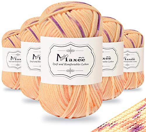 Maxee Handstrickgarn, 5x50 g Häkelgarn, Bunt Farbverlauf Acrylgarn zum Stricken, Weicher Wolle zum Häkeln, Mehrfarbiges Garn zum Stricken Häkeln und Basteln