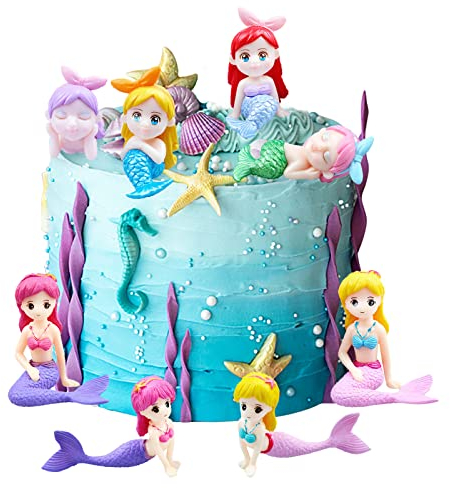 8 Stück Meerjungfrau Geburtstag Tortendeko, 3D Mermaid Tier Cupcake Topper, Kleine Meerjungfrau-Figuren Thema Kuchen Dekoration für Mädchen Prinzessin Geburstagstorte Deko