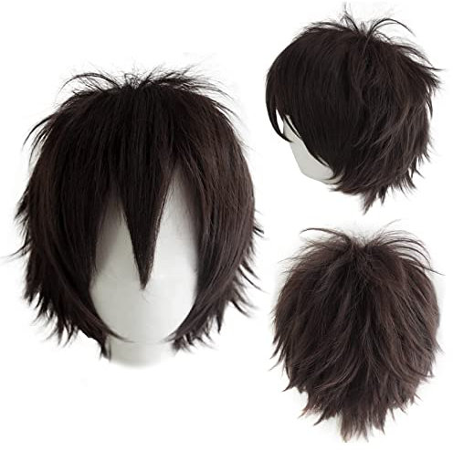 Gairyan Perücke Dunkelbrauneiß Perücke Damen Unisex Anime Cosplay Wig Kurze Synthetische Perücke Frauen Herren Gerade Perücken Halloween Perücke Karneval Kostüm Themen Party Kostüm