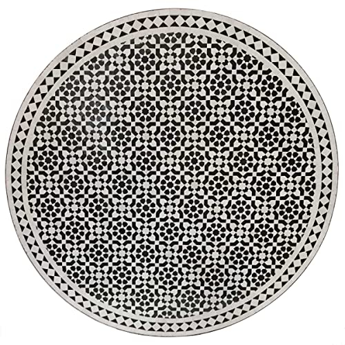 Casa Moro Marokkanischer Mosaiktisch D120 schwarz weiß glasiert rund mit Schmiedeeisen Gestell | Kunsthandwerk aus Marokko | Boho Chic Mosaik Gartentisch Esstisch | MT2148