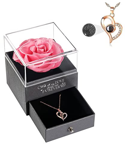DUOSME Geschenk für Sie Valentinstag,Ewige Rose mit Herz Kette Damen Geschenke für Frauen Mama Freundin Ehefrau, Infinity Rosen Schmuck Geschenkbox für Geburtstag Jahrestag, Rosa