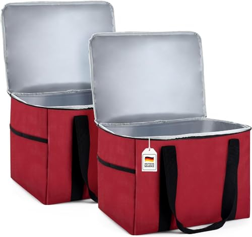 Marple Tex® Premium Einkaufstasche 2er Pack Kühltasche faltbar 37L Hält 20kg Thermotasche groß mit verstärktem Boden, Isoliertasche, Einkaufskorb, Liefertasche, Picknick (Dunkelrot, 40 x 30 x 30 cm)